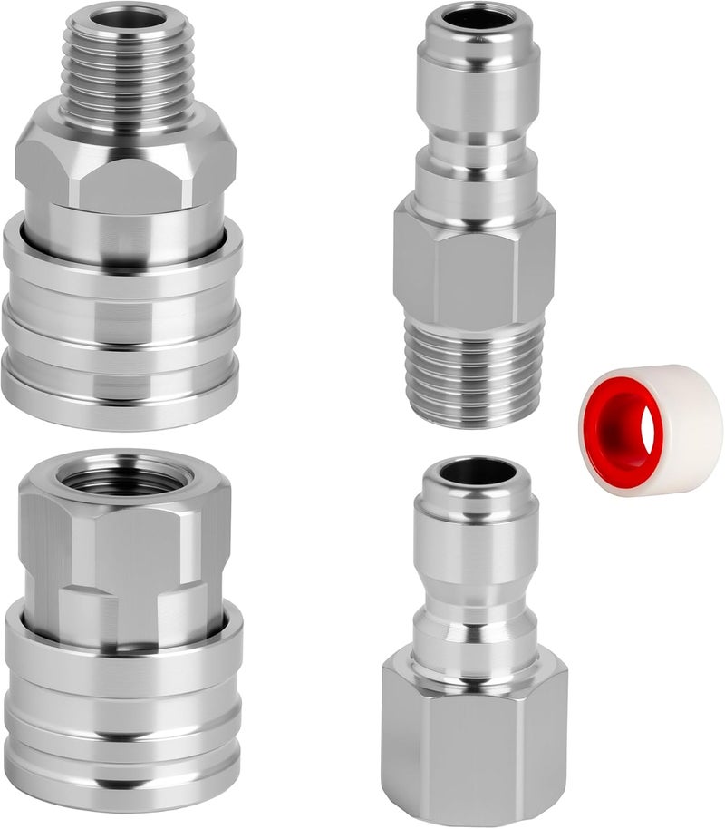 Qoroos 2 Sets NPT 1/4 Inch Quick Connect Pressure Washer Fittings Stainless Steel Quick Connect Kit Male and Female Pressure Washer Adapter Set (Internal Thread, External Thread) - Image 1